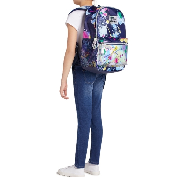 Girls 17" Justice Backpack Iridescent Blue Multi-Color Splatter - Picture 3 of 9